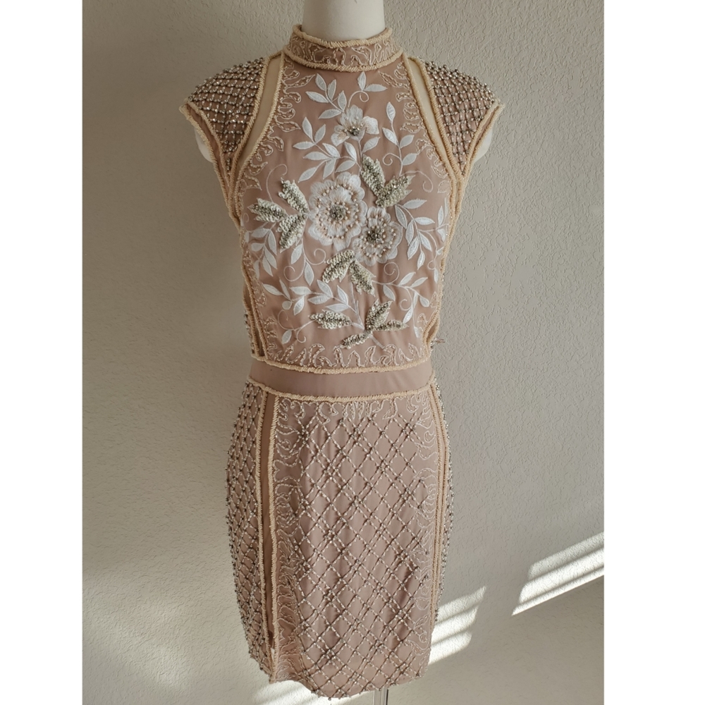 Jovani embroidered nude cocktail dress